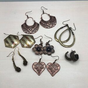 Bundle lot 7 brass copper boho style earrings dangle drop flower heart hoops etc